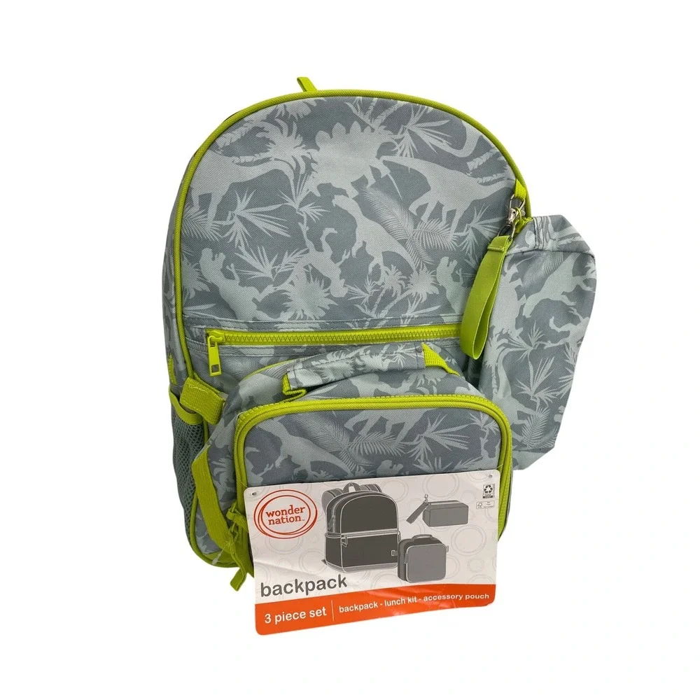 Wonder Nation Backpack Set Kids One Size Green New Tropical Dino 3 Piece Set